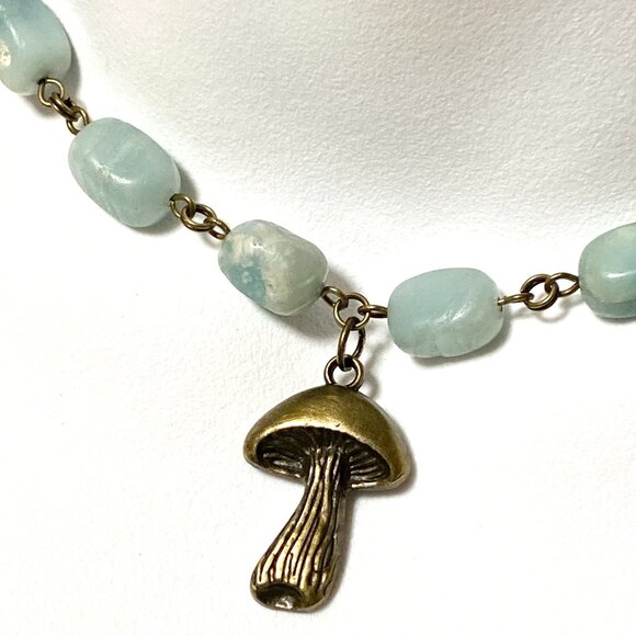 Natural Light Teal Amazonite Necklace, Bronze Slim Mushroom + Genuine Gemstone - Picture 1 of 12